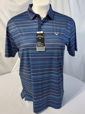 Callaway NWT Opti-dry UPF 50 Moisture Wicking Navy Striped Golf Polo Sz Lg